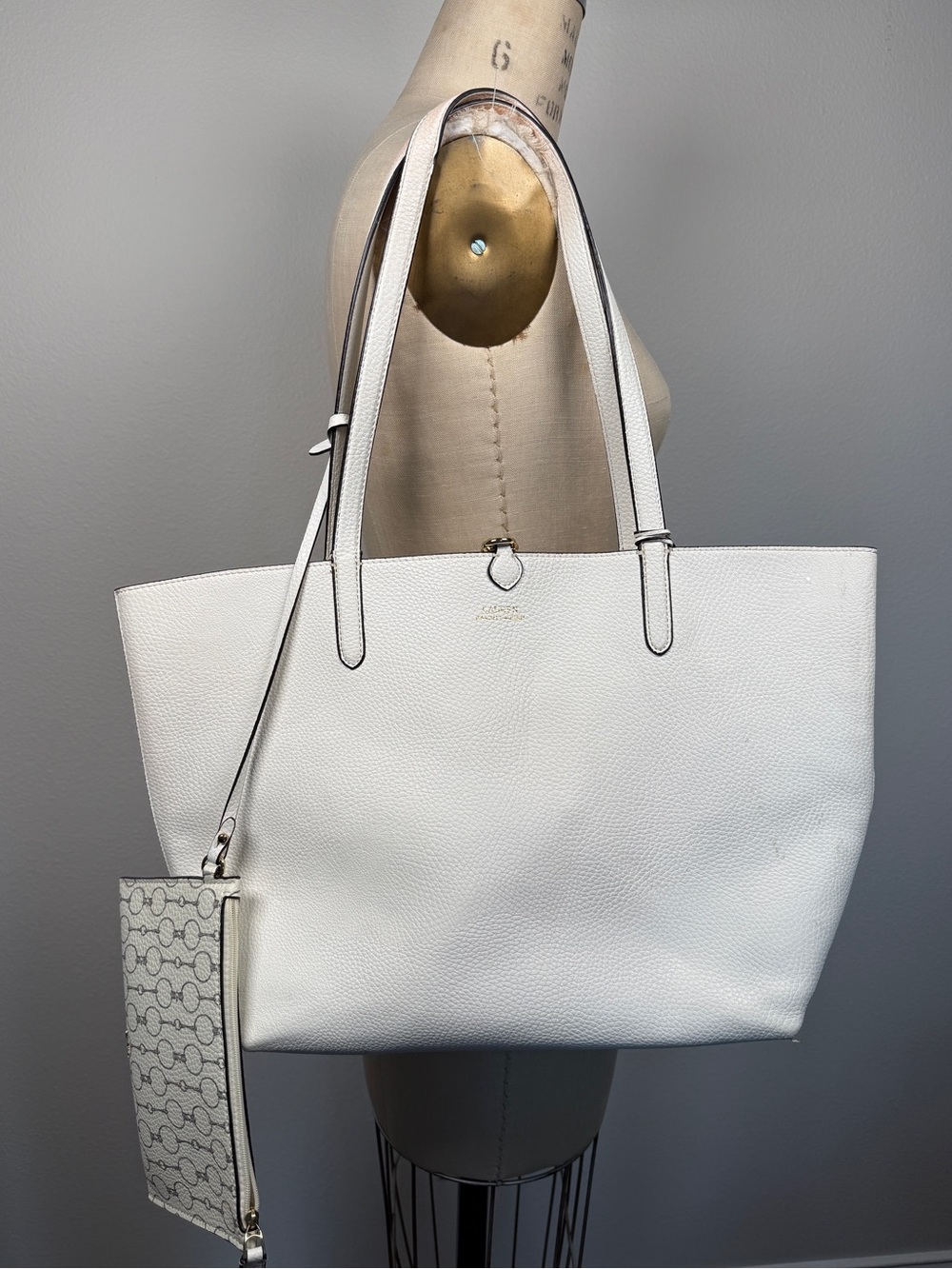 Lauren by Ralph Lauren white pebbled leather tote bag